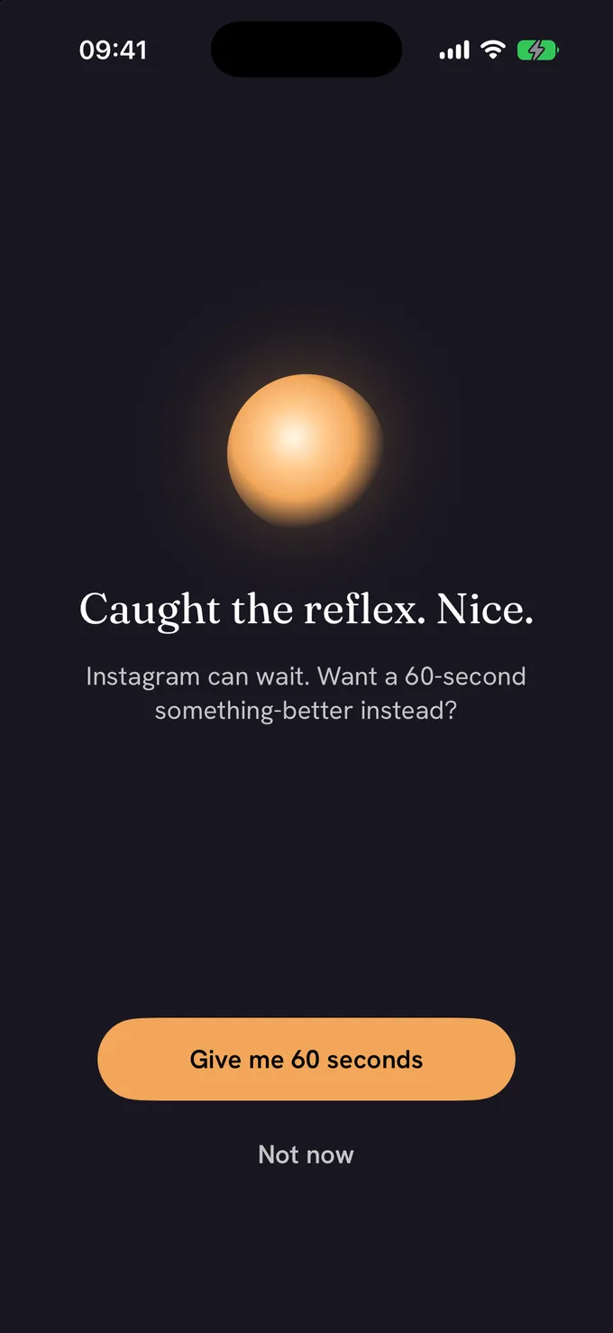 The Mote catch screen: a warm amber orb glowing on a dark background, with 'Caught the reflex. Nice.' and a 'Give me 60 seconds' button.