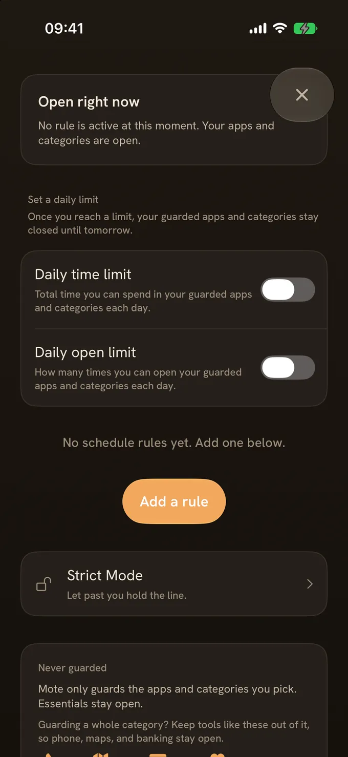 Rules for real life: daily limits, schedules, and Strict Mode.