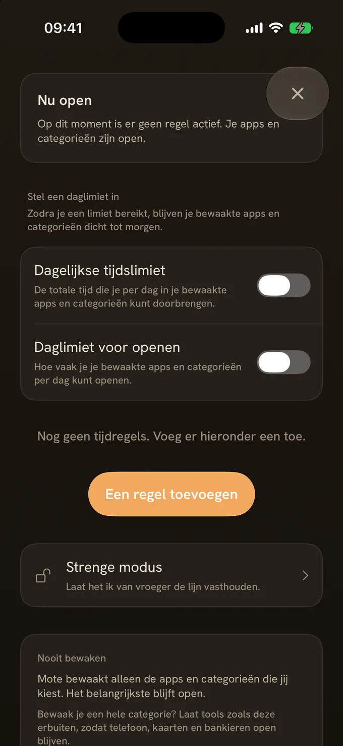 Regels voor het echte leven: daglimieten, schema's en strikte modus.
